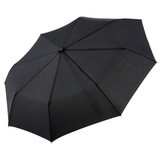 A compact black umbrella featuring eight panels, with a central button and a branding logo on the handle.