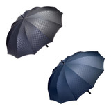A black and dark blue patterned umbrella with a curved handle and a logo.