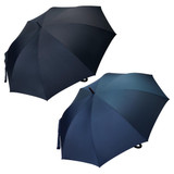 A pair of dark blue umbrellas with a sleek design and a handle, featuring branding on the side.