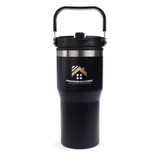 A drink bottle featuring a black exterior and stainless steel accents, with a handle and a logo.