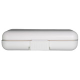 A compact, white pill organizer with a secure clasp, designed for storing medication.