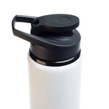 A drink bottle featuring a white body and a black free flow lid, designed for easy dispensing.