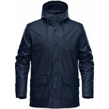 A navy insulated rain jacket with a hood, featuring front pockets and a sleek design, complete with branding.