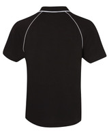 A black raglan polo shirt featuring white piping, with no visible branding or text.