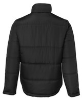 A black puffer jacket with a simple design and branding on the back, featuring a high collar and quilted pattern.
