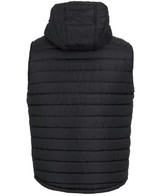 A black hooded puffer vest with a quilted design and a hood, featuring a logo on the back.