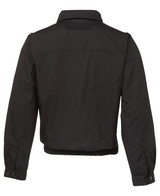A black polar fleece jacket with a cropped design and gathered hem, featuring a collar and buttoned cuffs.