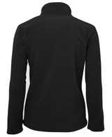 A black polar fleece jacket featuring a high collar and a smooth finish, with a branding logo.