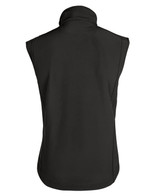 A black softshell vest with a high collar and no sleeves, featuring a stylish design and a logo.