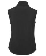 A black softshell vest featuring a high collar and a sleek, fitted design, with a logo on the back.
