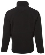 A black jacket with a high collar and a simple design, featuring a logo on the back.