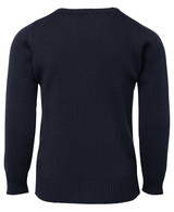 A navy knitted jumper featuring a simple design, with long sleeves and a ribbed hem. It has a logo on the back.
