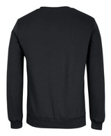 A black jumper with a classic crew neck and long sleeves, featuring a plain back and a branded logo.