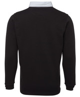A black long-sleeved polo shirt with a light-coloured collar and a logo on the back.