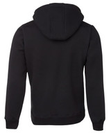 A black hoodie with a natural-coloured inner hood and a branded logo on the back.