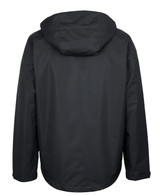 A black rain jacket with a hood, featuring a simple design and a logo on the back.