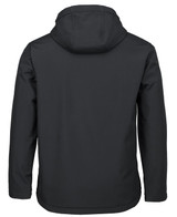 A black three-layer hooded softshell jacket, featuring a simple design and a hood at the back. It has a logo.