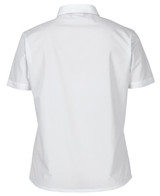 A white short-sleeved button-up shirt featuring a double-layered design and a collar, with a logo on the fabric.