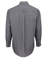 A long-sleeved light blue button-up shirt with a back yoke and a logo. Plain design with buttoned cuffs.