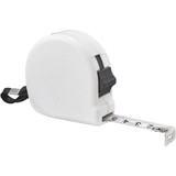 A white measuring tape with a retractable measuring blade and a black strap, featuring a logo.