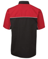 A black and red button-up shirt featuring a contrasting back design and a logo.
