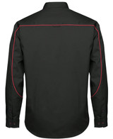 A black long-sleeve button-up shirt featuring red piping along the seams and a simple collar design.