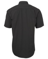 A black button-up shirt with short sleeves and a plain back. It features a logo on the back neckline.