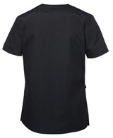 A black ladies' scrub top featuring short sleeves and a rounded hem. The top includes a logo on the back.