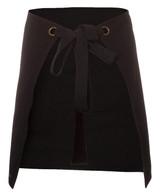 A black waist canvas apron with a tied strap and a front pocket, featuring a logo.