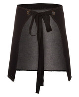 A black denim waist apron with a tie strap and an open design, featuring a logo on the fabric.