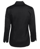 A black ladies' long-sleeve chef's jacket with a sleek design, featuring a collar and a logo on the sleeve.