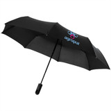 A black foldable auto open/close umbrella with a handle and a logo on the canopy.