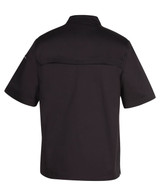 A black vented chef's jacket with short sleeves and a back yoke design. It features a logo on one sleeve.