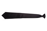 A black clip-on tie with a smooth finish and pointed end, ideal for formal occasions.