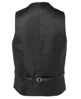 A black waiting vest with a smooth finish, featuring a belt and buckle detail at the back.