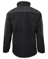 A rain jacket in black and charcoal with a simple design and a logo on the back.