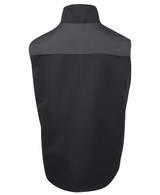 A black vest featuring a contrasting dark grey section at the top and a logo on the back.