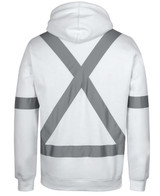 A white fleece hoodie featuring reflective tape in an X design on the back. The hoodie has a hood and long sleeves.
