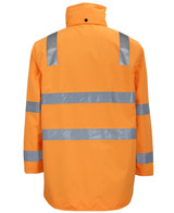 A high-visibility orange jacket featuring reflective strips and a zip-off sleeve design. Includes a logo.