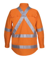 An orange long-sleeve safety shirt with reflective tape in a cross-back design, featuring a collar and button closure.