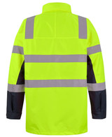 A high-visibility jacket in bright yellow with reflective stripes and black sleeves. Features a branded logo.