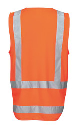 A high-visibility orange work vest featuring reflective stripes and a logo.