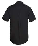 A black button-up shirt with a collar and short sleeves, featuring a back pleat and a logo on the shoulder.