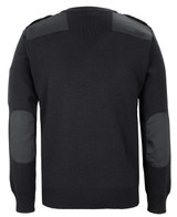 A knitted black jumper featuring shoulder and elbow patches, with a plain back design and a logo.