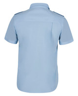 A light blue short-sleeve button-up shirt with shoulder epaulettes and a back pocket. It features a logo.
