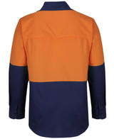 A long-sleeve ripstop fishing shirt featuring orange and navy colours, with a logo on the back.