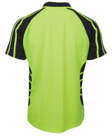 A bright green and black polo shirt with a sporty design and logo on the back.