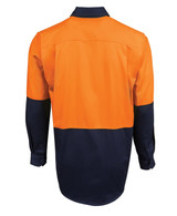 A long-sleeve work shirt featuring high-visibility orange and navy blue colours, with a collar and a logo.