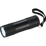 A black LED flashlight with a textured grip and a wrist strap, featuring a round light at one end.