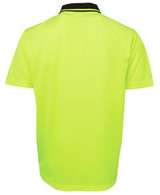 A high-visibility yellow polo shirt with a black collar and branding. The back view displays a smooth, lightweight fabric.